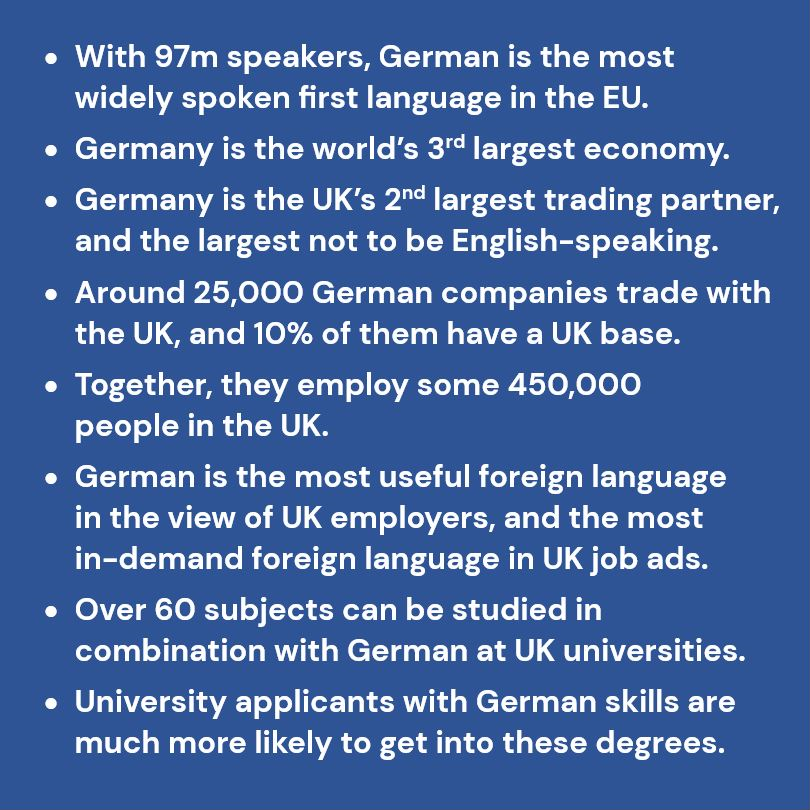 #WhyLearnGerman? 🇩🇪 Here are just some of the many reasons! ✅ More can be found in our free PowerPoint presentation (and teachers’ notes), available to download from britishgermanassociation.org/additional-tea… 🧑‍🏫 Or just follow our weekly social media posts on this topic! 🤓 #ShoutOutForGerman