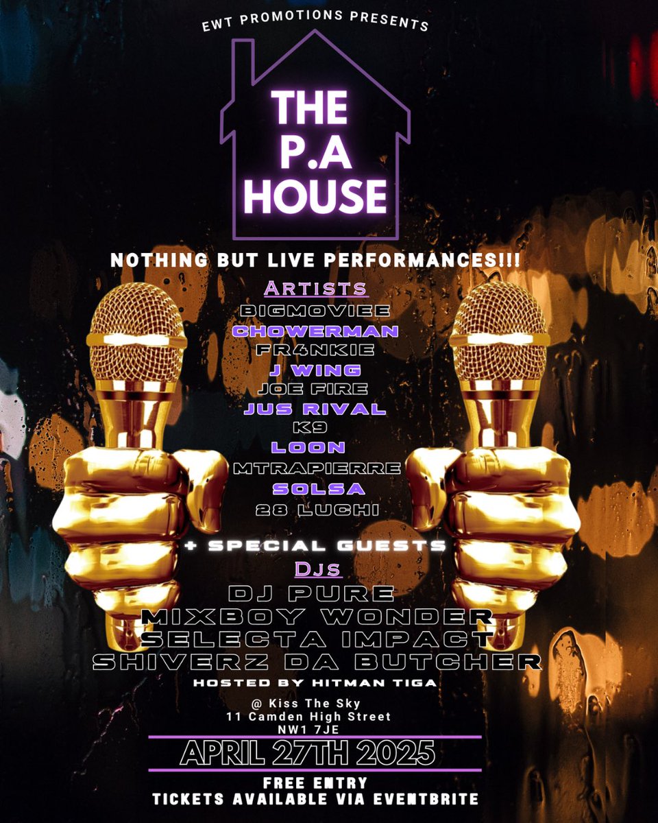 Welcome to “THE P.A HOUSE” The New Event all for live performances!!
Free ticket link below..

eventbrite.com/e/the-pa-house…