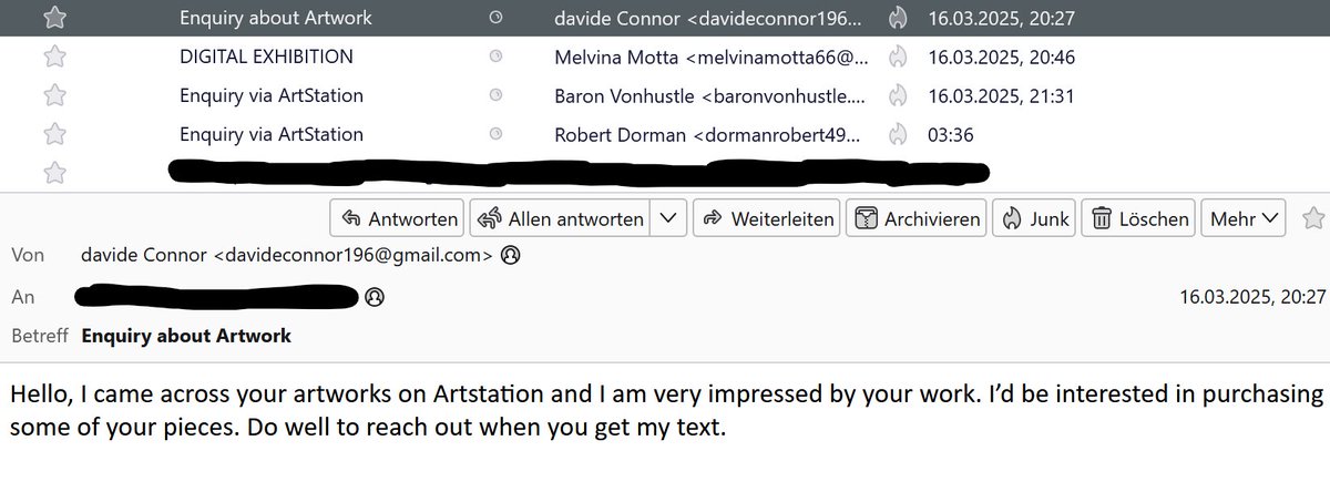 What's up with these ArtStation spam messages?
It's some kind of NFT scam, but why don't they just generate random images with AI instead of trying to buy my mediocre renders?