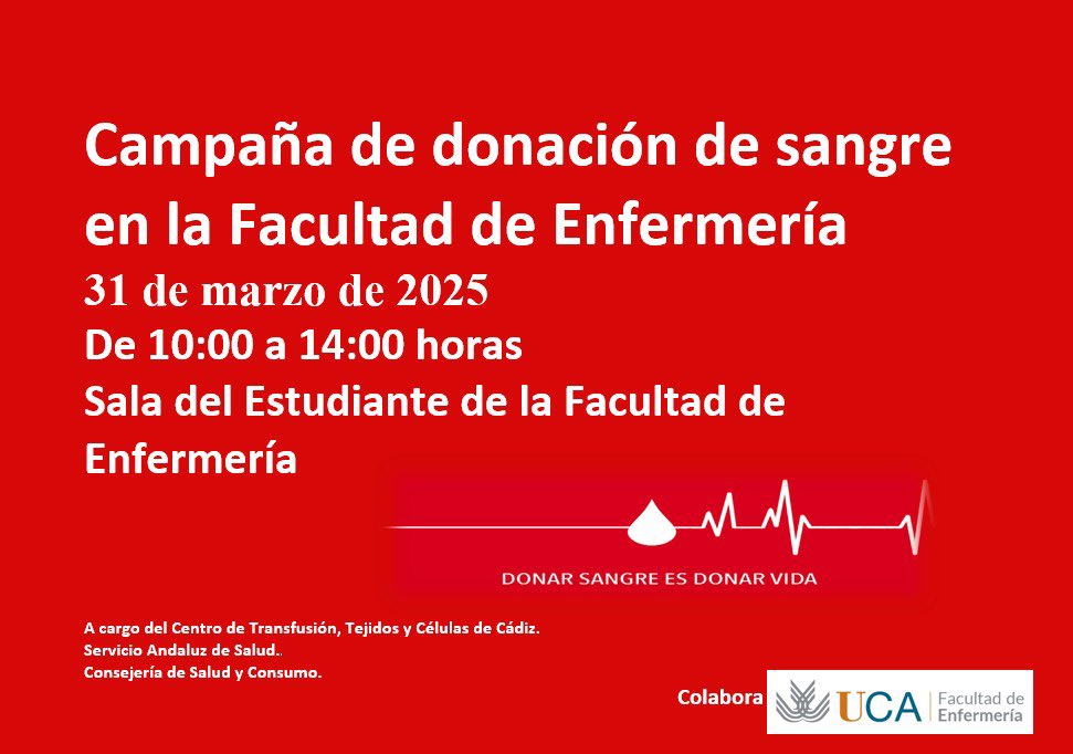 ℹ️Noticia: Campaña de donación de sangre en la Facultad de Enfermería

31 de marzo de 2025
De 10:00 a 14:00 horas
Sala del Estudiante de la Facultad de Enfermería
 
enfalgeciras.uca.es/noticia/campan…