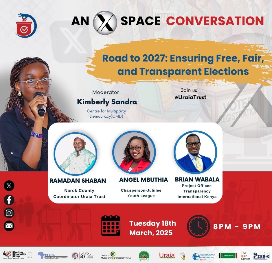 In the lead-up to #FURIC2025, ELOG &amp; Uchaguzi partners will be hosting a discussion on <a href="/UraiaTrust/">Uraia Trust</a>'s handle to address key issues, including voter registration among young voters and the challenges facing voter awareness.

Tune in at 8.00 - 900pm
link x.com/i/spaces/1BdxY…