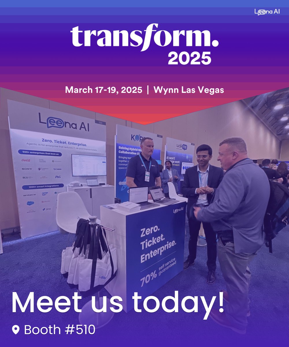 🚀 Leena AI at Transform US: Transforming Work with Agentic AI! 🚀

We’re not just talking about change — we’re making it happen. Leena AI’s Agentic AI is revolutionizing the way businesses operate, automate, and drive real impact.

If you're at Transform US, come see it for