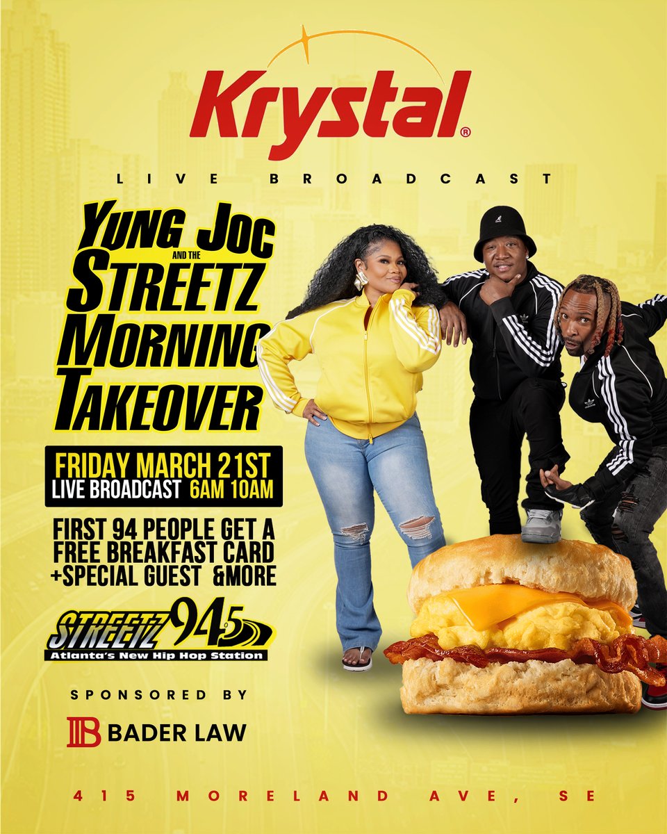 streetz945atl's tweet photo. Join Yung Joc &amp; The Streetz Morning Takeover this Friday at #krystal  on #morelandave at 6am.. broadcasting Live... @STREETZMTO @mystreetz945atl  #STREETZ945ATL  sponsored by #BaderLaw https://t.co/L8PNYYQTvQ