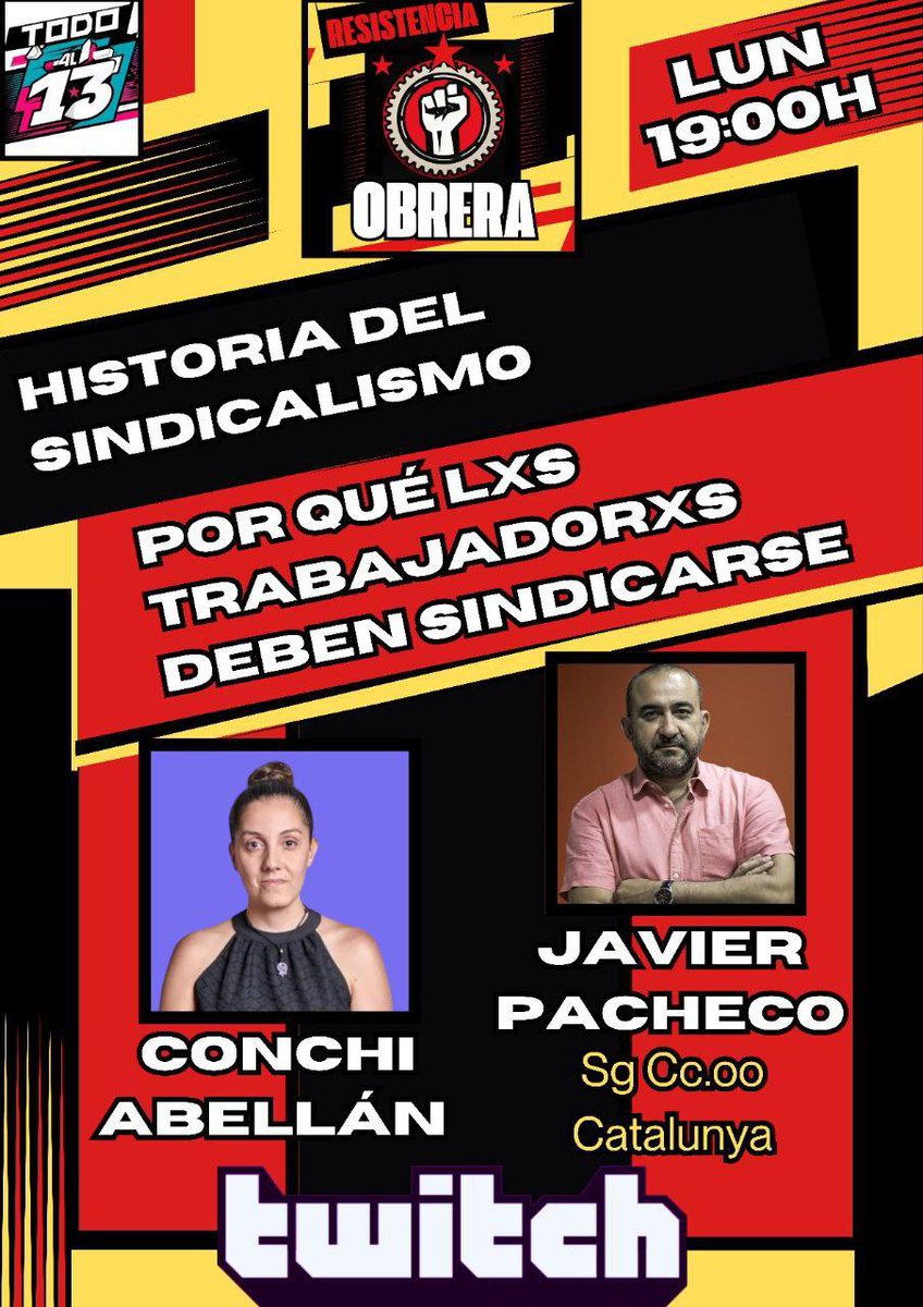 Está tarde nos vemos en #twitch con Javier Pacheco, SG de <a href="/ccoocatalunya/">CCOO de Catalunya</a> para hablar de la historia del sindicalismo y porque es tan importante sindicalizarse.

Os esperamos en twitch.tv/TodoAlTrece