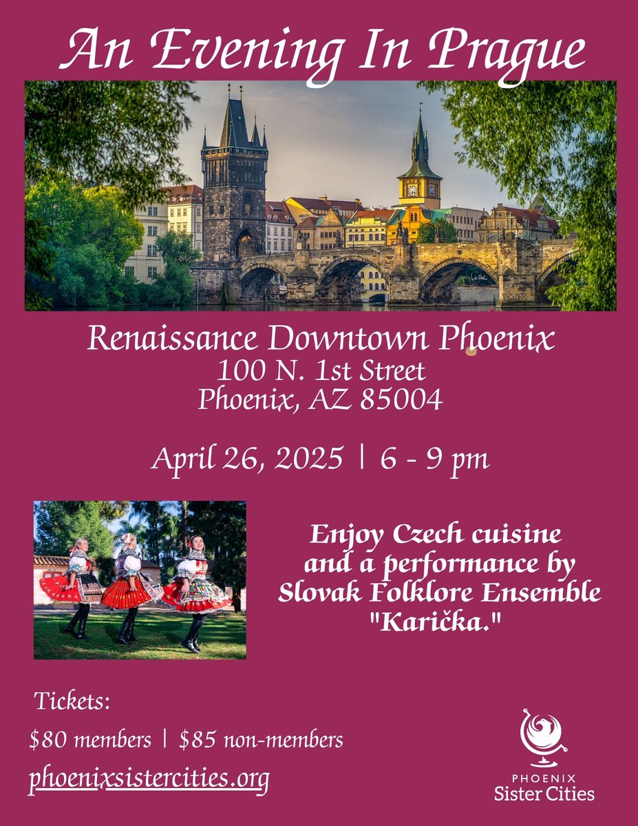 Join the Prague Committee for "An Evening in Prague."  Be transported by traditional Czech food, great Czech-style beer and a performance by "Karička."  Tickets at phoenixsistercities.org/.../evening_in…