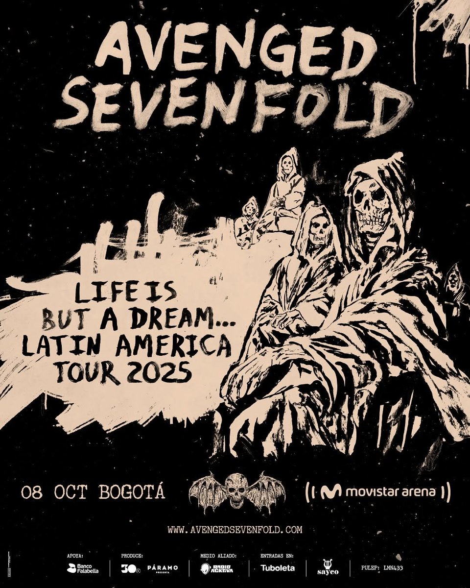 🦇💀 ¡Avenged Sevenfold en concierto por primera vez en Colombia! 💀🦇

📍8 de Octubre en el <a href="/MovistarArenaCo/">Movistar Arena Colombia</a> 🔥🤘

🎟️ Entradas en <a href="/Tuboletaoficial/">Tuboleta</a>