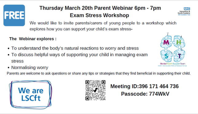 An important exam stress workshop that any parents with students who are experiencing stress as a result of exams are offered to attend! (Online)