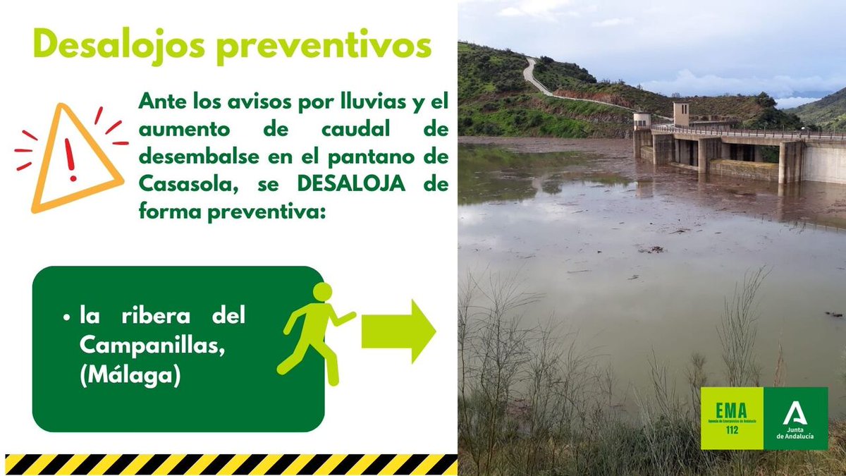 🔴 ÚLTIMA HORA | Desalojada en prevención  la ribera del Campanillas #Málaga ante las previsiones de lluvias y el aumento de caudal de desembalse en el pantano de Casasola.
Extrema la precaución. Sigue #Consejos112
#AndalucíaPreviene