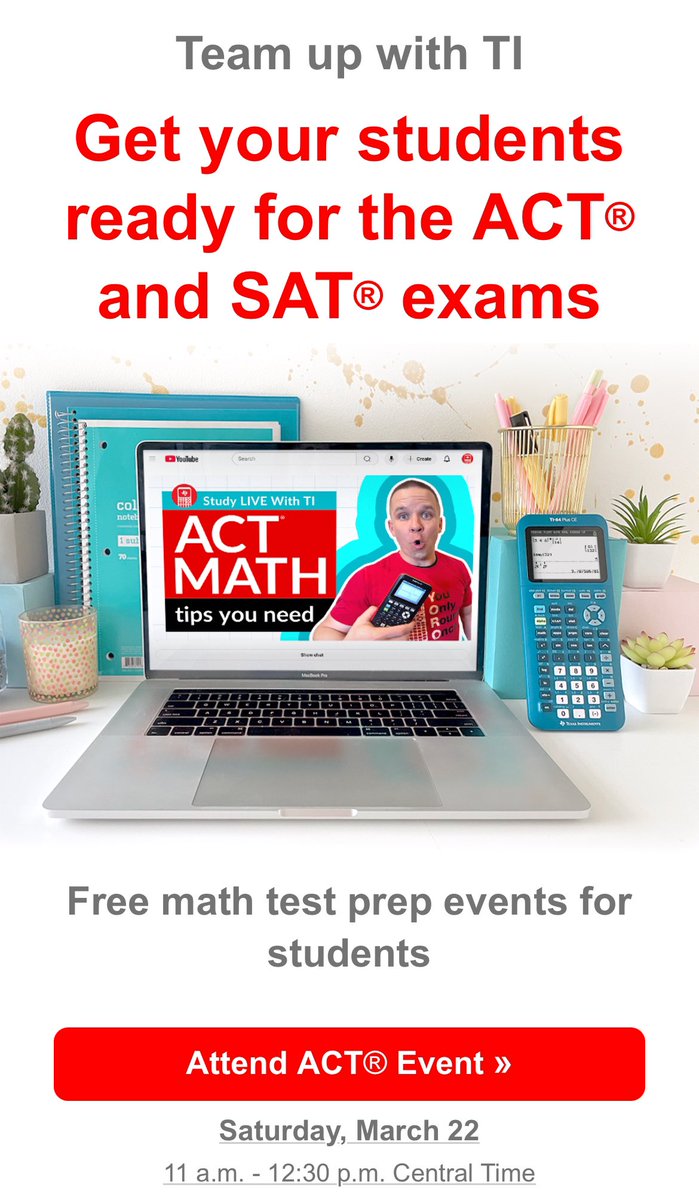 PareesaSchulte's tweet image. The countdown is on for our FREE ACT Study LIVE with TI! #takeTItothetest click the link to sign up for a reminder that day bit.ly/ACTStudyLivewi…