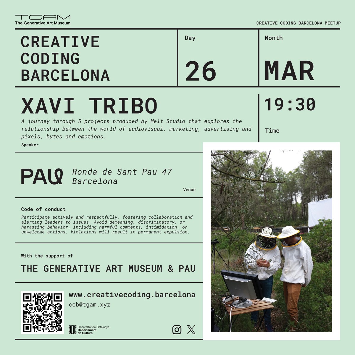 The Generative Art Museum (@tgamxyz) on Twitter photo Next Wednesday, March 26, we're presenting a new edition of <a href="/ccoding_bcn/">Creative Coding Barcelona</a> featuring <a href="/xavitribo/">XΛVI TRIBΘ</a>. He'll give a talk on five projects produced by Melt Studio that explore the intersection of audiovisual media, marketing, advertising, and the emotional power of pixels and bytes.
📅 Next Wednesday, March 26, we're presenting a new edition of <a href="/ccoding_bcn/">Creative Coding Barcelona</a> featuring <a href="/xavitribo/">XΛVI TRIBΘ</a>. He'll give a talk on five projects produced by Melt Studio that explore the intersection of audiovisual media, marketing, advertising, and the emotional power of pixels and bytes.
📅