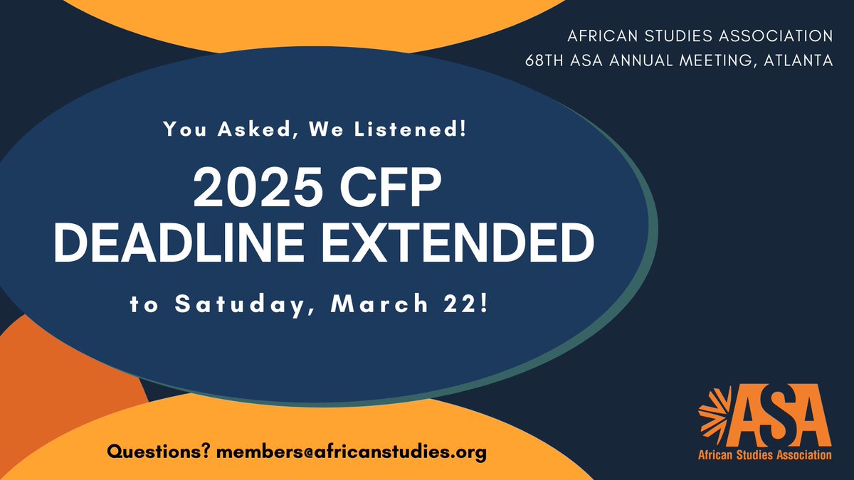 African Studies Association (@asanewsonline) on Twitter photo Saturday, March 22 is your extended deadline to submit to the ASA CFP! Submit early this week and email members@africanstudies.org with questions. We can't wait to see you this November 20-22 in Atlanta. Saturday, March 22 is your extended deadline to submit to the ASA CFP! Submit early this week and email members@africanstudies.org with questions. We can't wait to see you this November 20-22 in Atlanta.