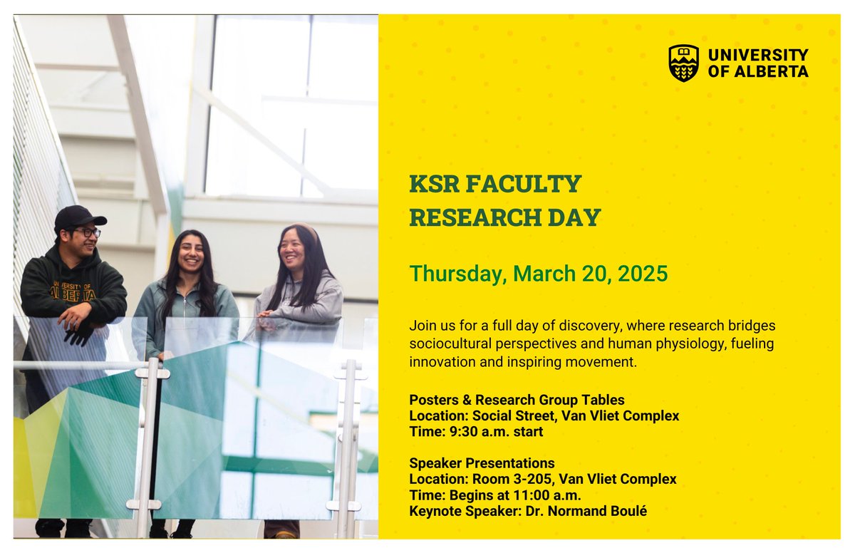Join us for KSR Faculty Research Day on March 20, 2025—a day of discovery, innovation, and connection!

📍 Posters &amp; Research Tables | Social Street, Van Vliet Complex | 9:30 a.m.
📍 Presentations | 3-205 Van Vliet Complex
🔹 11:00 a.m. – Keynote: Dr. Normand Boulé
🔹 12:00 p.m.