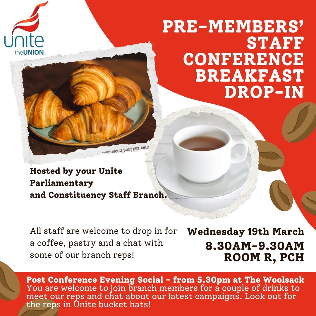 unitepsbranch's tweet image. Unite Parliamentary and Constituency Staff Branch are hosting a breakfast drop-in before the members&apos; staff conference on Wednesday.!

We will also be in The Woolsack from 5.30pm for a catch-up afterwards!