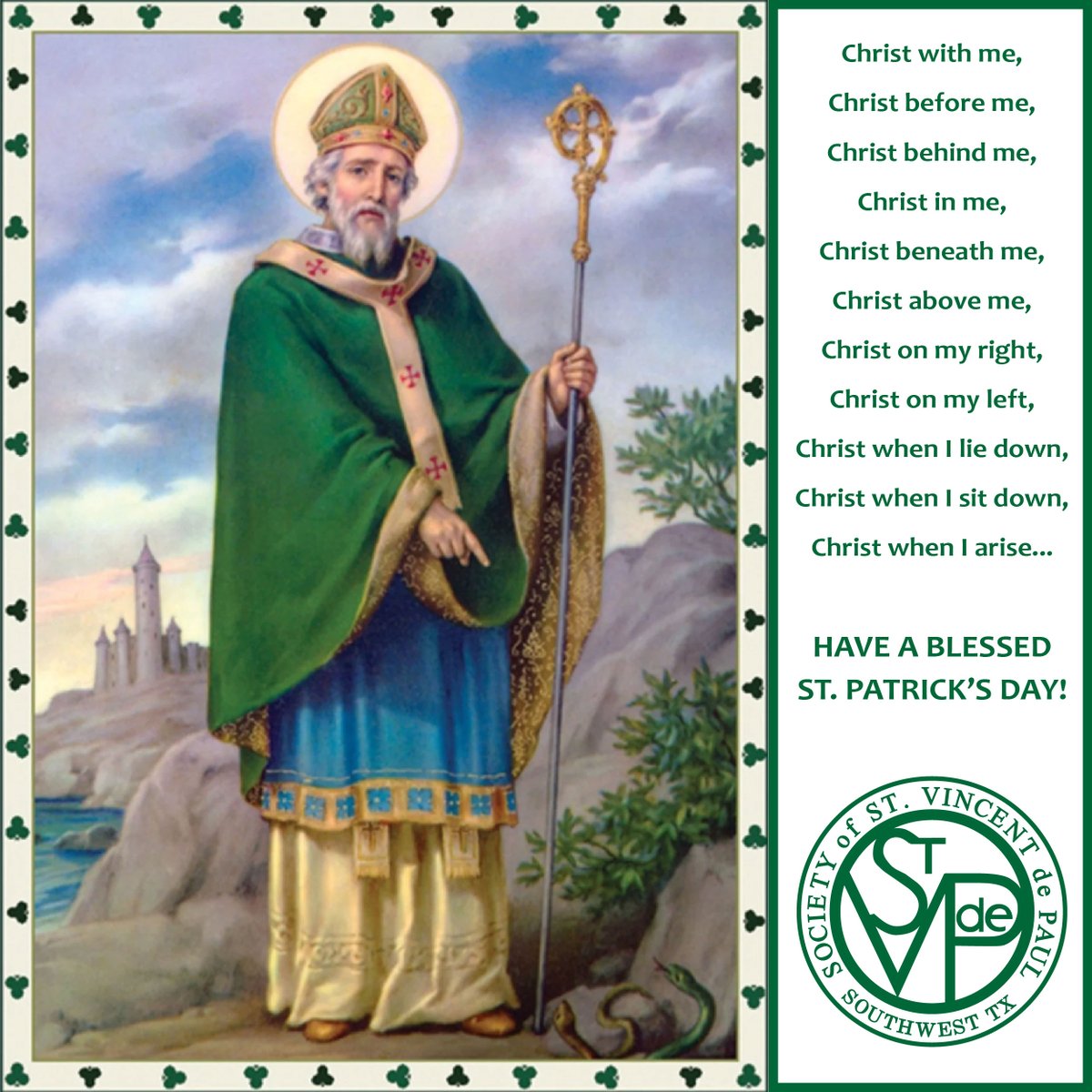 SvdpSwtx's tweet photo. At St. Vincent de Paul Southwest Texas Council, we follow St. Patrick's call to serve those in need with compassion and hope. May Christ be with us in all we do today and always. ☘️🙏 #StPatricksDay #ChristWithUs #SVdP https://t.co/cEZcGsT8DQ