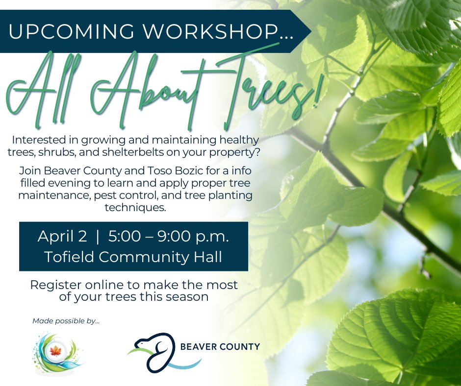 Want to grow and maintain healthy trees, shrubs, and shelterbelts on your property? April 2, 5 - 9 p.m., Tofield Community Hall. Register here👉 loom.ly/DllNrqE

#TreeCare #BeaverCounty #AllAboutTrees