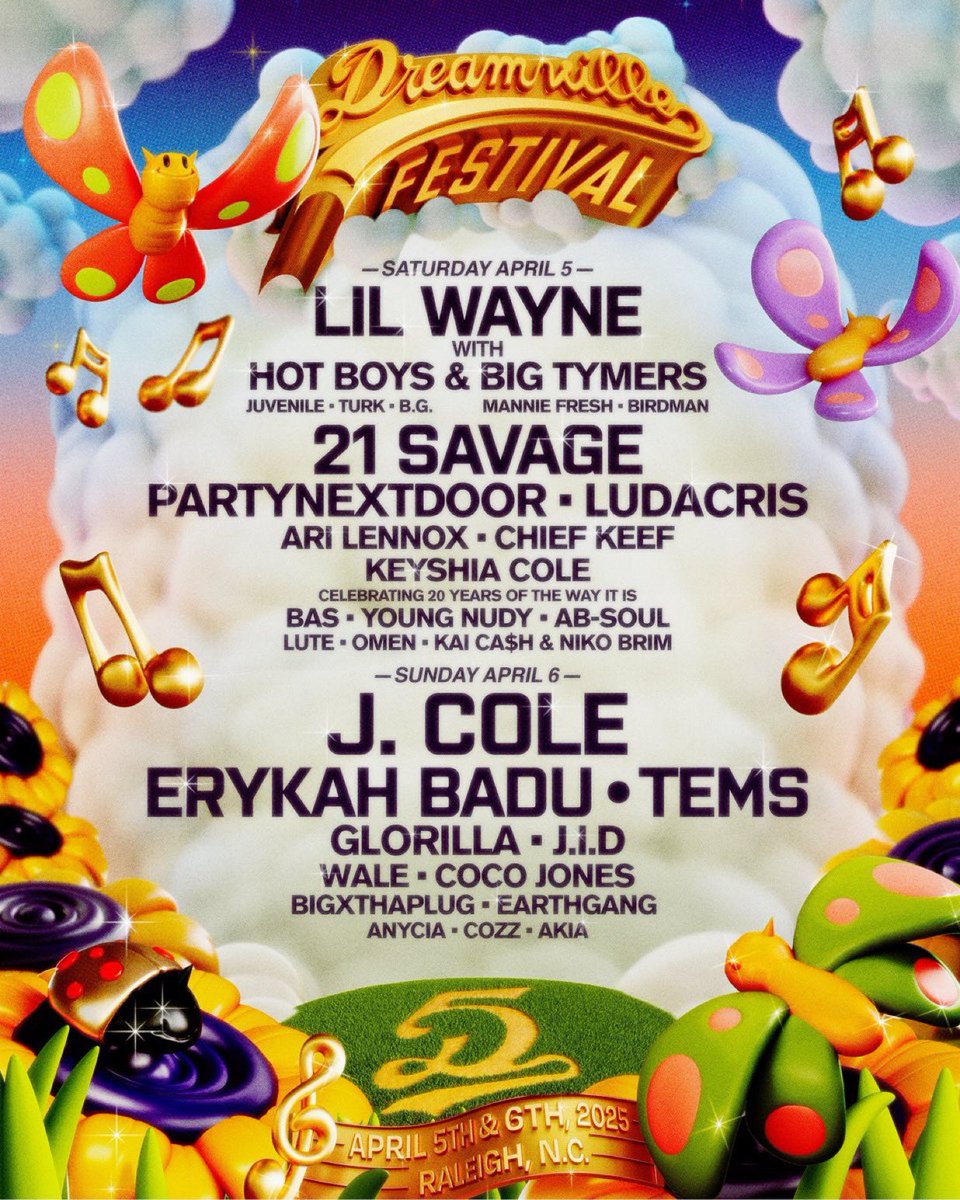 🏟️ 2025 DREAMVILLE FEST LINEUP

🗓️ APRIL 5 — 6

🗣️ J. COLE
🗣️ 21 SAVAGE
🗣️ LIL WAYNE 

➕ MORE