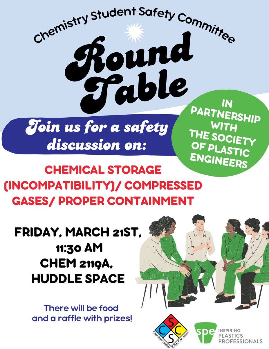CSSC_TAMU's tweet image. Join us this Friday at 11:30am in the huddle space for a Round Table discussion on chemical storage. This event was planned in partnership with SPE, and there will be food provided as well as a raffle!