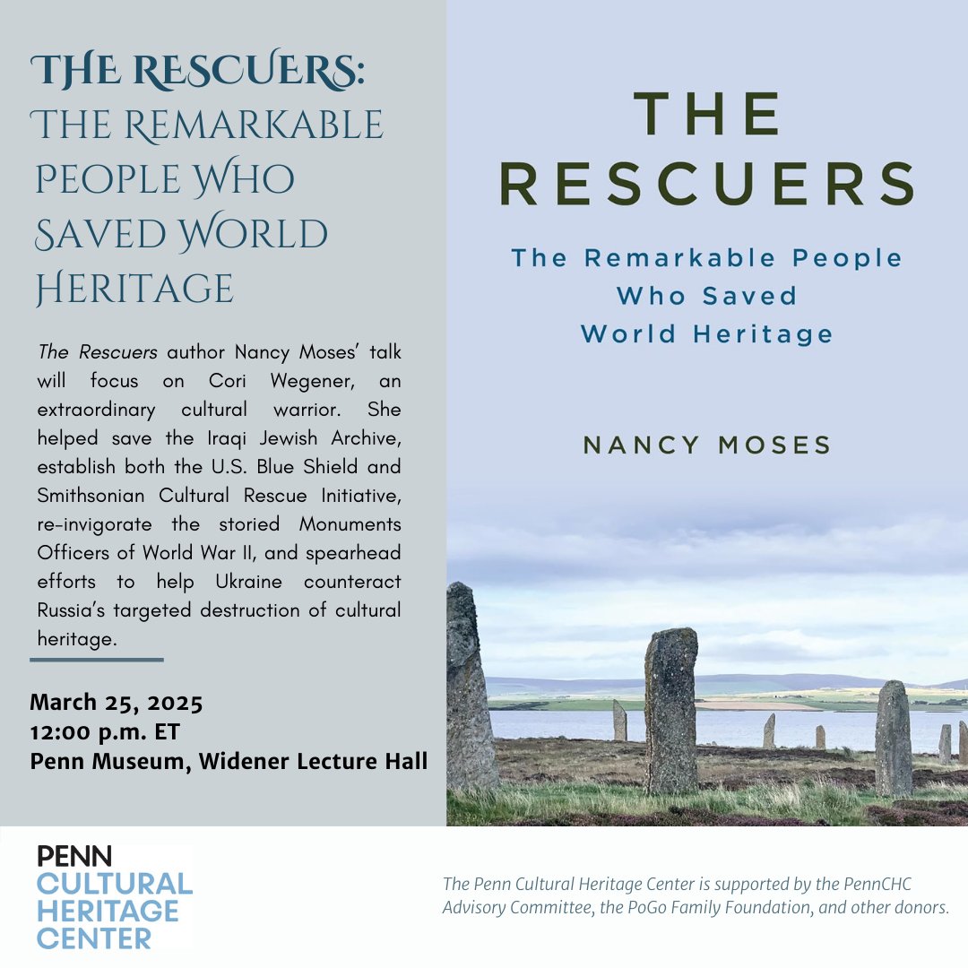 Penn Cultural Heritage Center (@pennchc) on Twitter photo Next Tuesday, please join the PennCHC <a href="/PennMuseum/">Penn Museum</a>
for a book talk by <a href="/NancyMosesBooks/">Nancy Moses</a>, author of "The Rescuers: The Remarkable People Who Saved World Heritage." Nancy’s talk will focus on the work of Cori Wegener, the former director of <a href="/SmithsonianCRI/">Smithsonian|CRI</a>. Next Tuesday, please join the PennCHC <a href="/PennMuseum/">Penn Museum</a>
for a book talk by <a href="/NancyMosesBooks/">Nancy Moses</a>, author of "The Rescuers: The Remarkable People Who Saved World Heritage." Nancy’s talk will focus on the work of Cori Wegener, the former director of <a href="/SmithsonianCRI/">Smithsonian|CRI</a>.