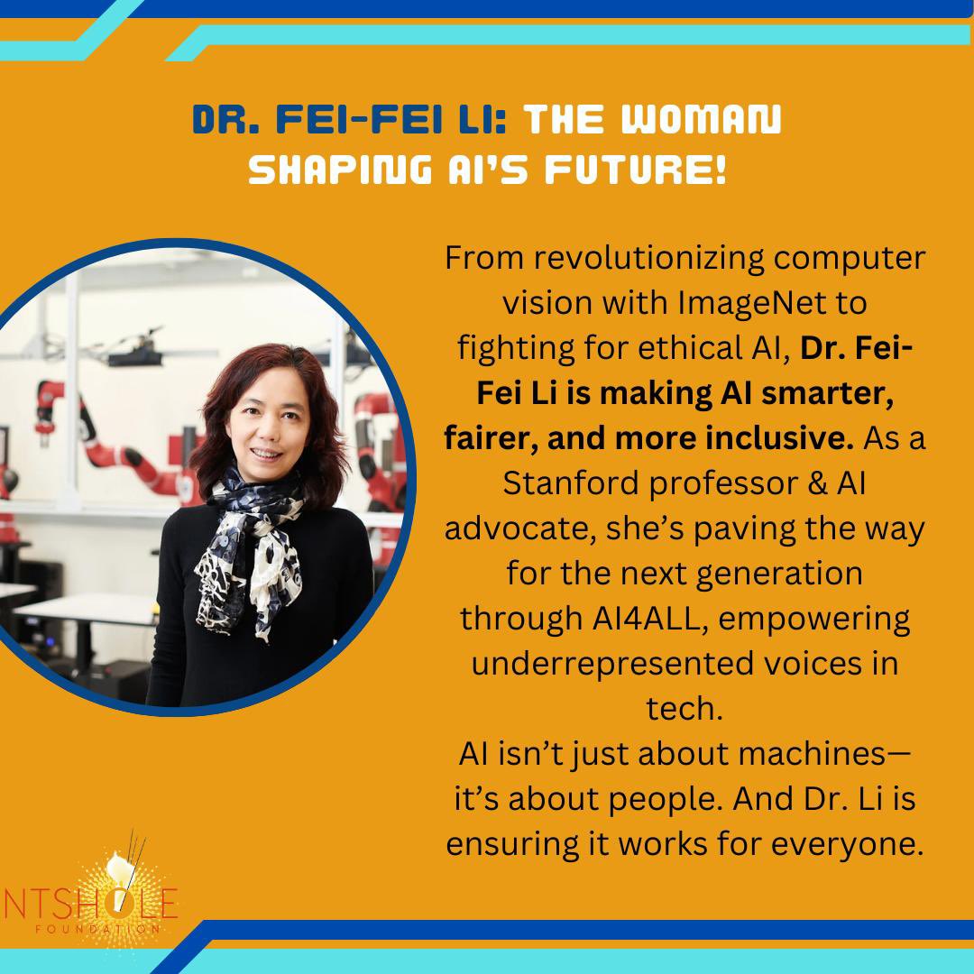 NtsholeCares's tweet image. 🚀 Dr. Fei-Fei Li is making AI smarter, fairer, and more inclusive! From pioneering ImageNet to empowering future innovators through AI4ALL, she’s ensuring tech works for everyone. 🌍✨

#Ntsholefoundation
#womeintech