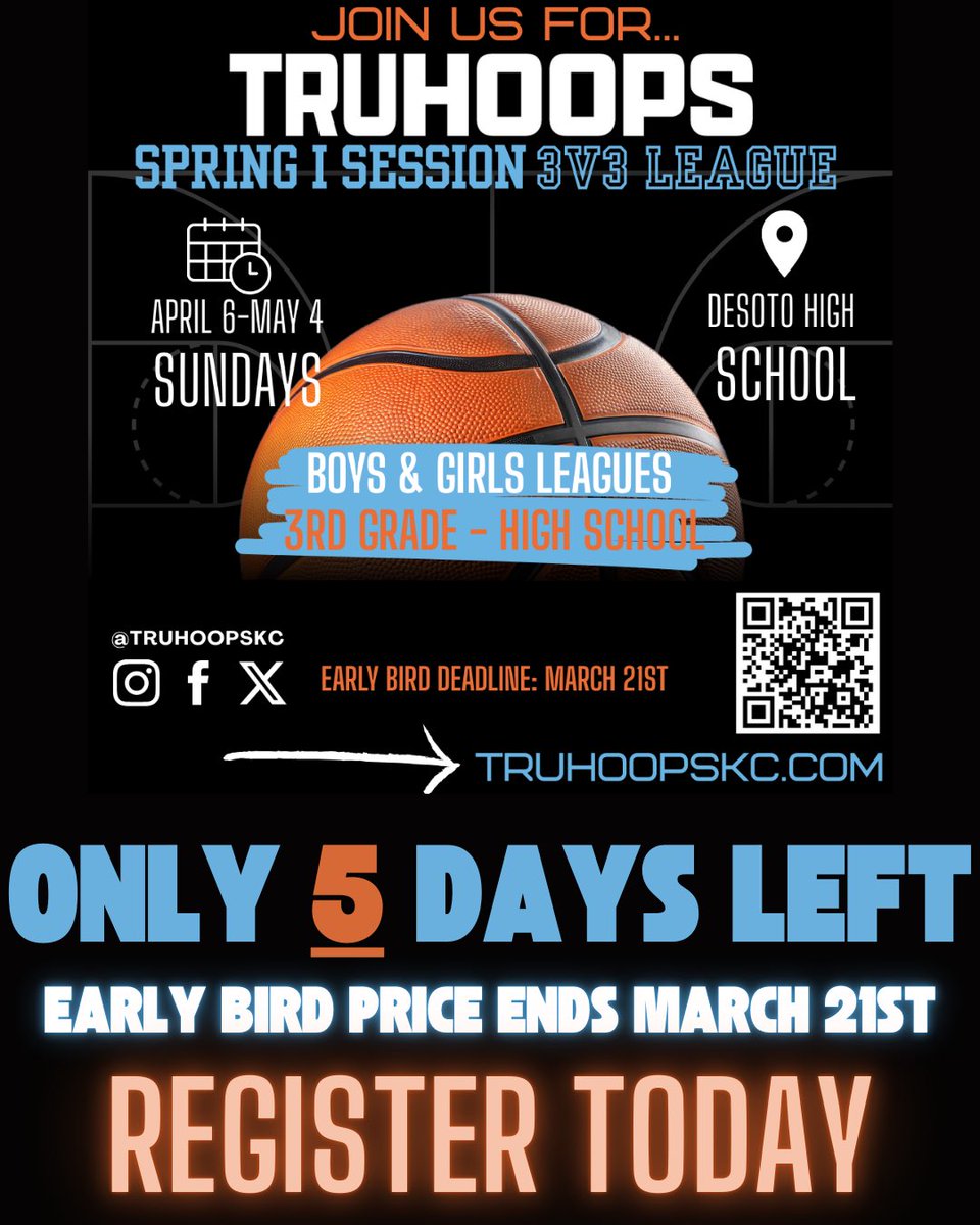 🏀 Don't miss out on the TRU Hoops 3v3 Basketball League! 🏆 Early bird registration ends March 21st! ⏰ Grab your spot and get ready to ball! 🔥 #hoop4fun #TRUHoops #3v3Basketball #EarlyBird #RegisterNow