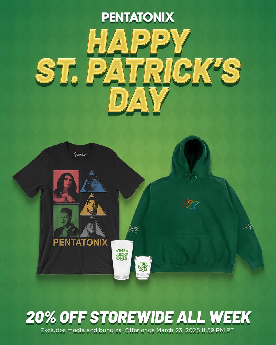 Happy St. Patrick’s Day! ☘️ Save 20% OFF STOREWIDE ALL WEEK when you shop #PTXMerch from our official store! Offer ends 3/23.

Shop now: shop.ptxofficial.com