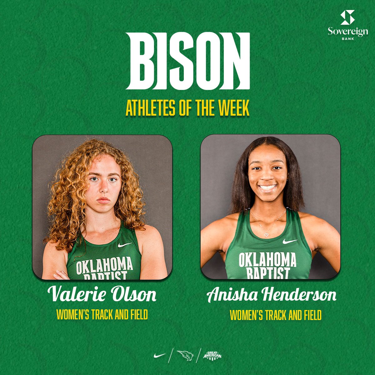 After an incredible week at Nationals, Valerie Olson and Anisha Henderson are your Sovereign Bank Athletes of the Week!

Valerie became an All-American after her 4th place finish in the pentathlon, totaling 3,917 points for the new D2 era record at OBU!

Anisha also became an