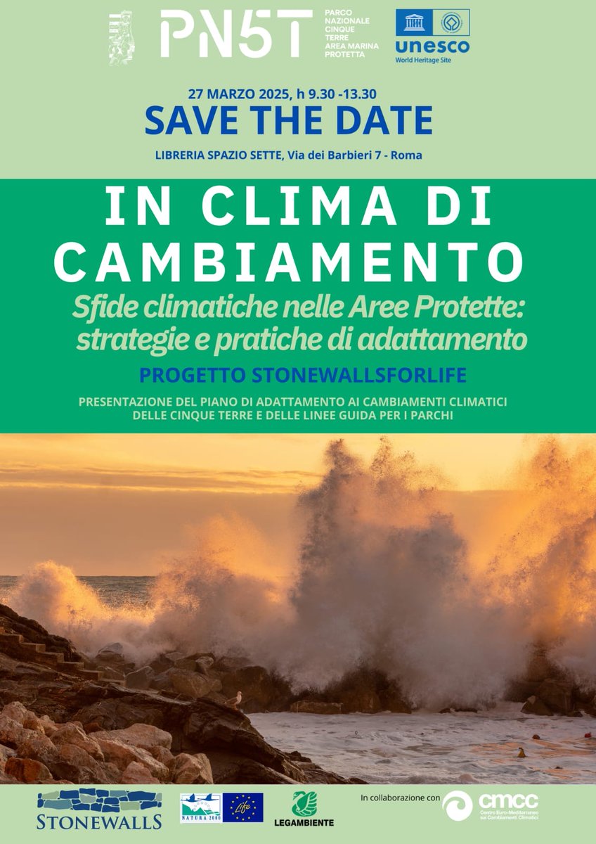 Giovedì 27 marzo ore 9:30 presso la Libreria Spazio Sette Via dei Barbieri 7 Roma nell'ambito del progetto #Stonewallsforlife in collaborazione con il <a href="/parco5terre/">Parco Cinque Terre</a> <a href="/Legambiente/">Legambiente</a> presenteremo il Piano di Adattamento ai cambiamenti climatici delle Cinque Terre.
#savethedate