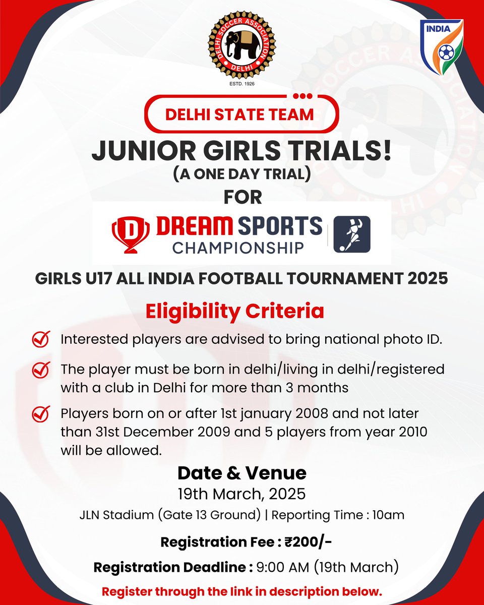 Delhi Soccer Association (DSA) is conducting a One Day Trial of Junior Girls - U17 Delhi State Team 🏆

Interested players kindly register through the link below 👇
rzp.io/rzp/bDrwweY

#FootballDelhi #DelhiSoccerAssociation
#IndianFootball #DreamSports