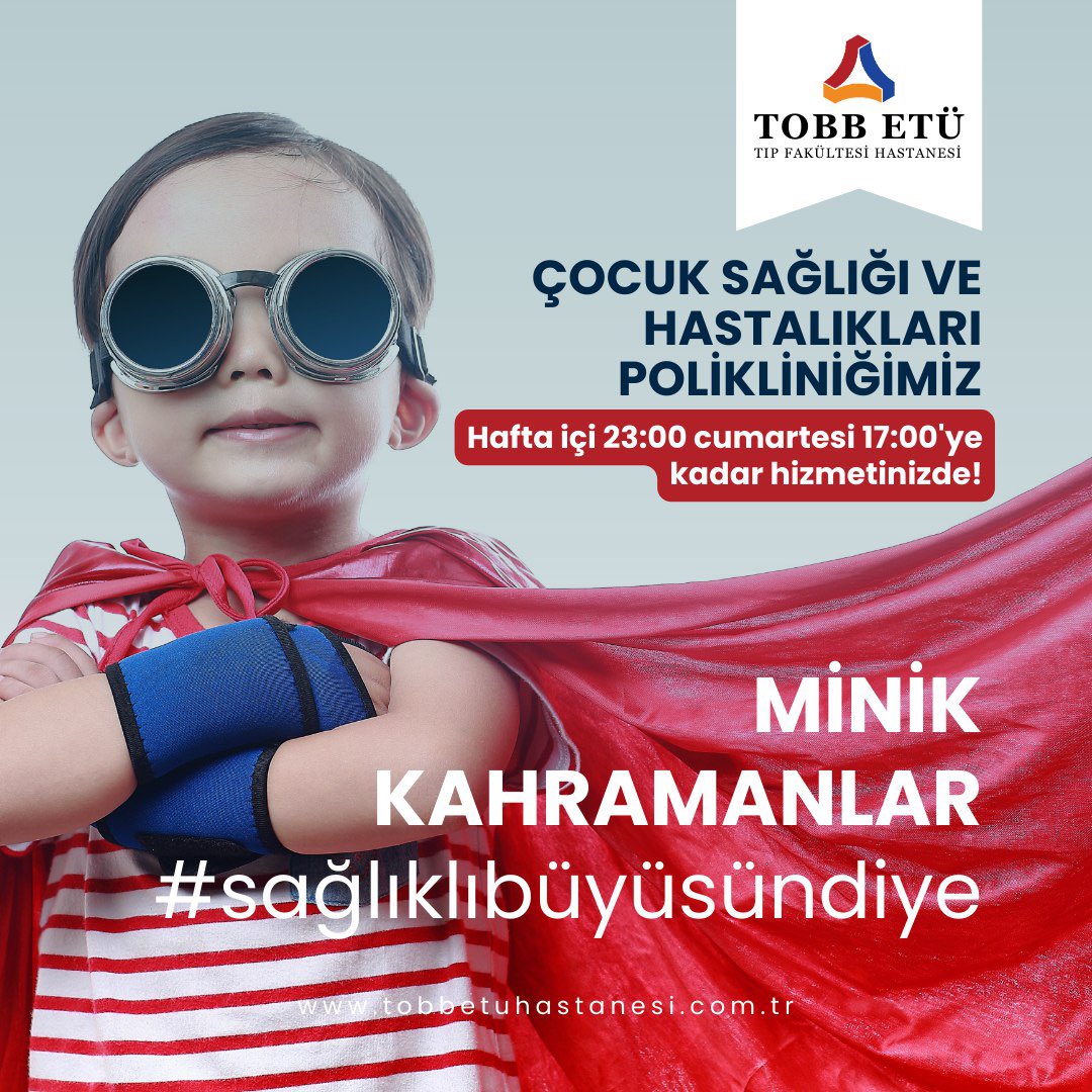 Çocuk Sağlığı ve Hastalıkları Polikliniğimizin hizmet saatleri uzatıldı! 🏥👶

📅 Hafta içi: 23:00
📅 Cumartesi: 17:00’ye kadar 

Miniklerimizin sağlığı için buradayız! 💙 Daha fazla bilgi ve randevu için 
👉 randevu.tobbetuhastanesi.com.tr

#sağlıklıbüyüsündiye