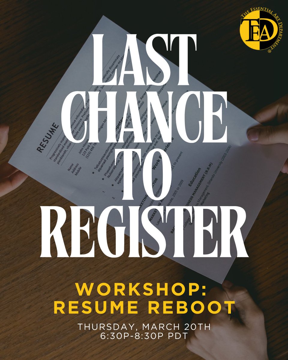 LAST CHANCE TO REGISTER! Our Resume Reboot workshop is this Thursday- don't miss out &amp; register today!

Ready to give your resume a glow-up? ✨ Join our Resume Reboot workshop and transform your resume into a powerful tool that stands out! 

Register now: theessentialartdepartment.com/courses/resume…