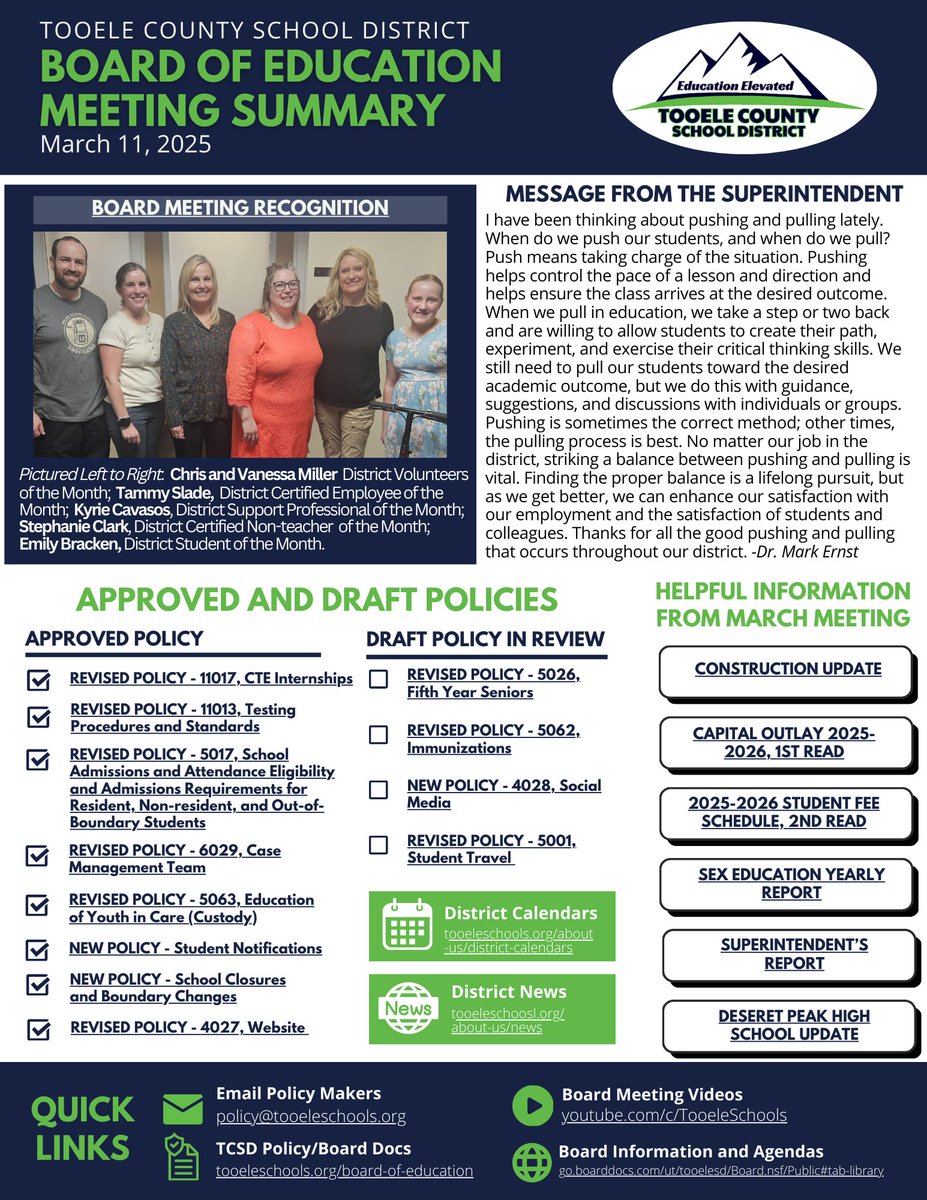 Tooele Schools (@tooeleschools) on Twitter photo To view the March Board of Education Meeting Summary, go to tooeleschools.org.
This summary is created to clarify the actions taking place at Board meetings and allow the community to submit policy feedback. Feedback on policies can be emailed to policy@tooeleschools.org. To view the March Board of Education Meeting Summary, go to tooeleschools.org.
This summary is created to clarify the actions taking place at Board meetings and allow the community to submit policy feedback. Feedback on policies can be emailed to policy@tooeleschools.org.