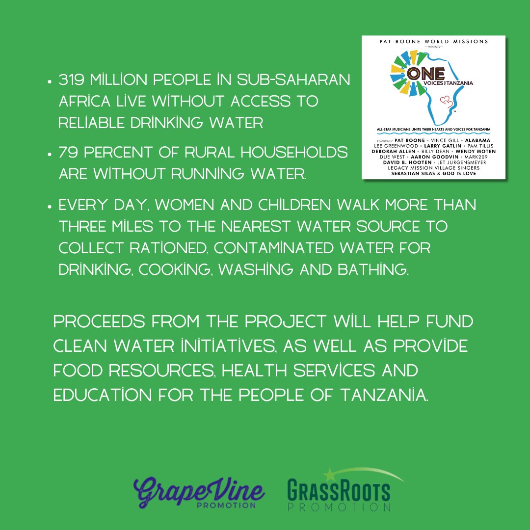 Pat Boone is joined by music all-stars Alabama, Larry Gatlin, Vince Gill, Lee Greenwood, Pam Tillis, Aaron Goodvin, Due West, Mark209, Jet Jurgensmeyer and more in this philanthropic effort to bring clean water and basic necessities to Tanzania.
#countrymusicstars