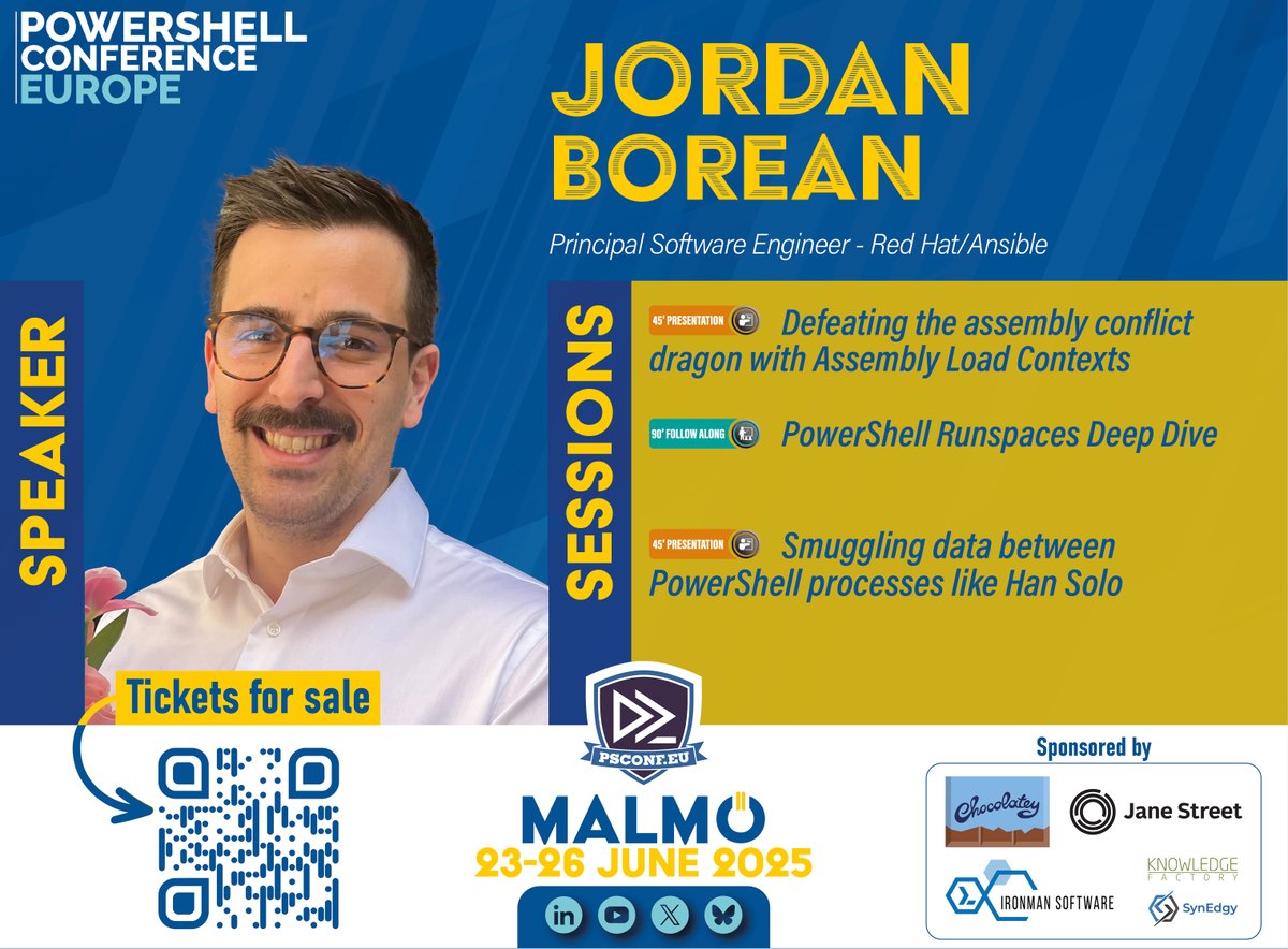 PSConfEU (@psconfeu) on Twitter photo <a href="/BoreanJordan/">Jordan Borean</a> will be on stage for #PSConfEU 2025 in #Malmö!
🎙️ Defeating the assembly conflict dragon with Assembly Load Contexts
🎙️ PowerShell Runspaces Deep Dive
🎟️ Tickets available at psconf.eu
#PowerShell #Skåne #Svenska #Sweden #IT #automation <a href="/BoreanJordan/">Jordan Borean</a> will be on stage for #PSConfEU 2025 in #Malmö!
🎙️ Defeating the assembly conflict dragon with Assembly Load Contexts
🎙️ PowerShell Runspaces Deep Dive
🎟️ Tickets available at psconf.eu
#PowerShell #Skåne #Svenska #Sweden #IT #automation