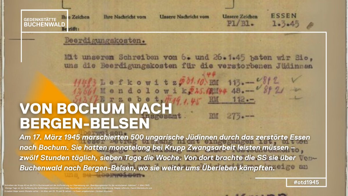 Buchenwald_Dora's tweet image. #OTD1945 marschierten 500 ungarische Jüdinnen durch das zerstörte Essen nach Bochum. Nach monatelanger #Zwangsarbeit bei Krupp brachte die SS sie über #Buchenwald nach Bergen-Belsen –ein ständiger Kampf ums Überleben.
buchenwald.pulse.ly/jjltcqi5kp
#TheseStoriesNeedToBeTold #GeradeJetzt
