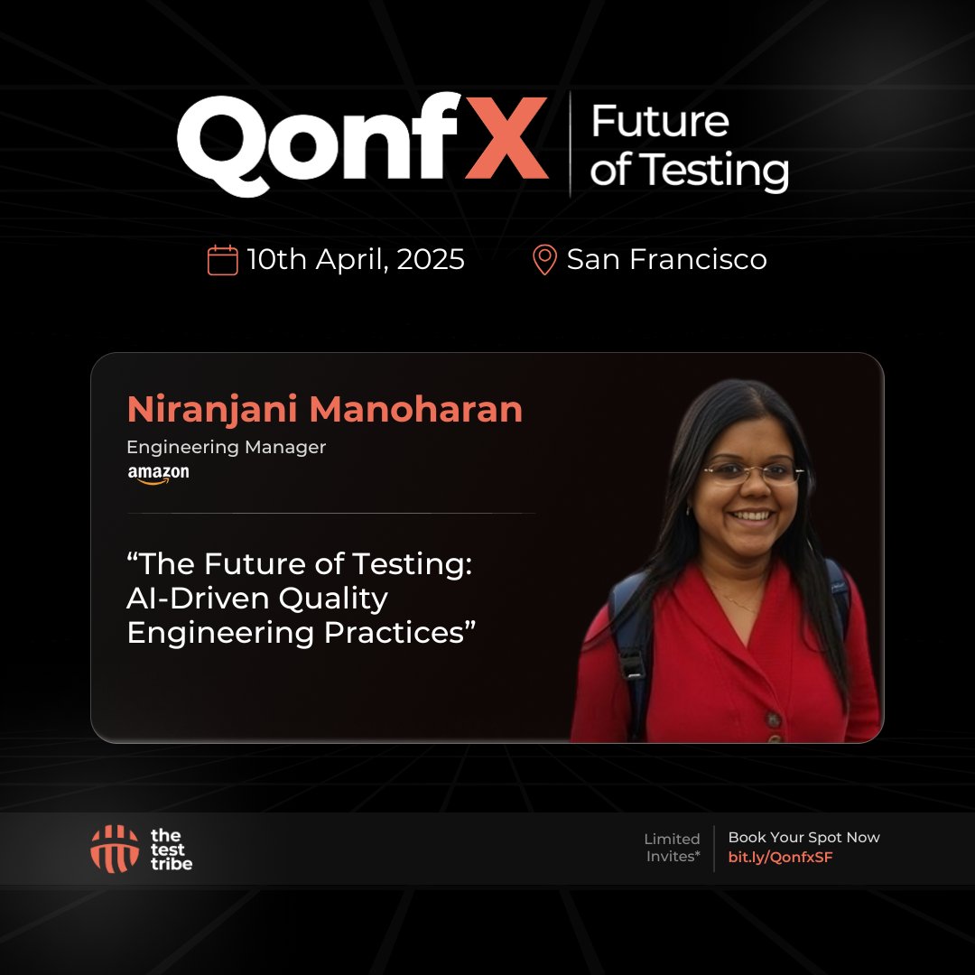 The Test Tribe (@the_test_tribe) on Twitter photo Topic Announcement: Niranjani M. at QonfX 2025 San Francisco!
AI is making its way into quality engineering, but how do we apply it in a way that truly impacts testing efficiency? Topic Announcement: Niranjani M. at QonfX 2025 San Francisco!
AI is making its way into quality engineering, but how do we apply it in a way that truly impacts testing efficiency?
