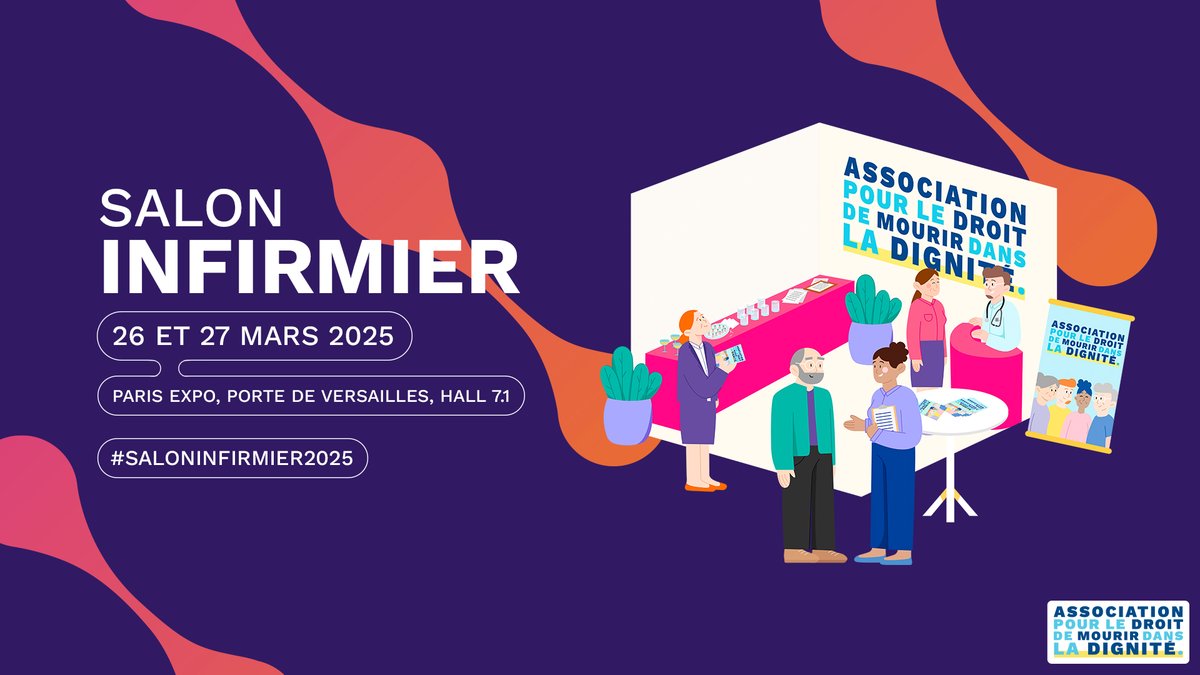 L'Association pour le Droit de Mourir dans la Dignité annonce sa participation les 26 et 27 mars 2025 au <a href="/SalonInfirmier/">Salon Infirmier</a>.
Ce sera l'occasion pour notre association de rappeler que nous sommes aux côtés des #soignants dans l'accompagnement des patients en #FindeVie.

En effet, la