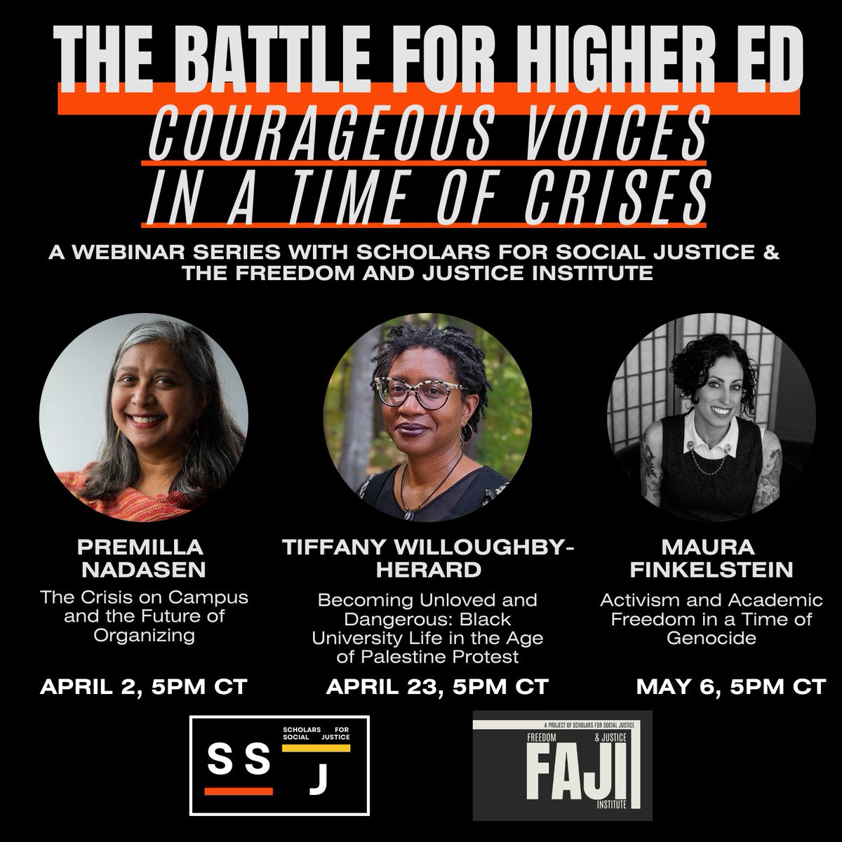 Scholars for Social Justice (@scholarsforsj) on Twitter photo Mark your calendars for our new webinar series, The Battle for Higher Education: Courageous Voices in a Time of Crises. More info below: Mark your calendars for our new webinar series, The Battle for Higher Education: Courageous Voices in a Time of Crises. More info below: