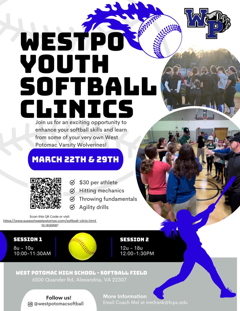 WestPoSoftball's tweet photo. Calling all future softball stars! ⭐🥎 Join the West Potomac Varsity Softball team for our Youth Clinics on March 22 &amp; 29! Learn skills, have fun, and train with the best. Don’t miss this chance to level up your game! Register now (link in the profile)! 💙 #WolverineSoftball https://t.co/MLfR1xjpgw