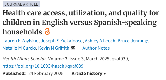 Kevin Griffith (@assumenormality) on Twitter photo 🚨New from me, <a href="/ashleyleech/">Ashley Leech</a>, and others not on X
"Health care access, utilization, and quality for children in English versus Spanish-speaking households"
Now out in <a href="/Health_Affairs/">Health Affairs</a> Scholar!
Open access link: academic.oup.com/healthaffairss… 🚨New from me, <a href="/ashleyleech/">Ashley Leech</a>, and others not on X
"Health care access, utilization, and quality for children in English versus Spanish-speaking households"
Now out in <a href="/Health_Affairs/">Health Affairs</a> Scholar!
Open access link: academic.oup.com/healthaffairss…