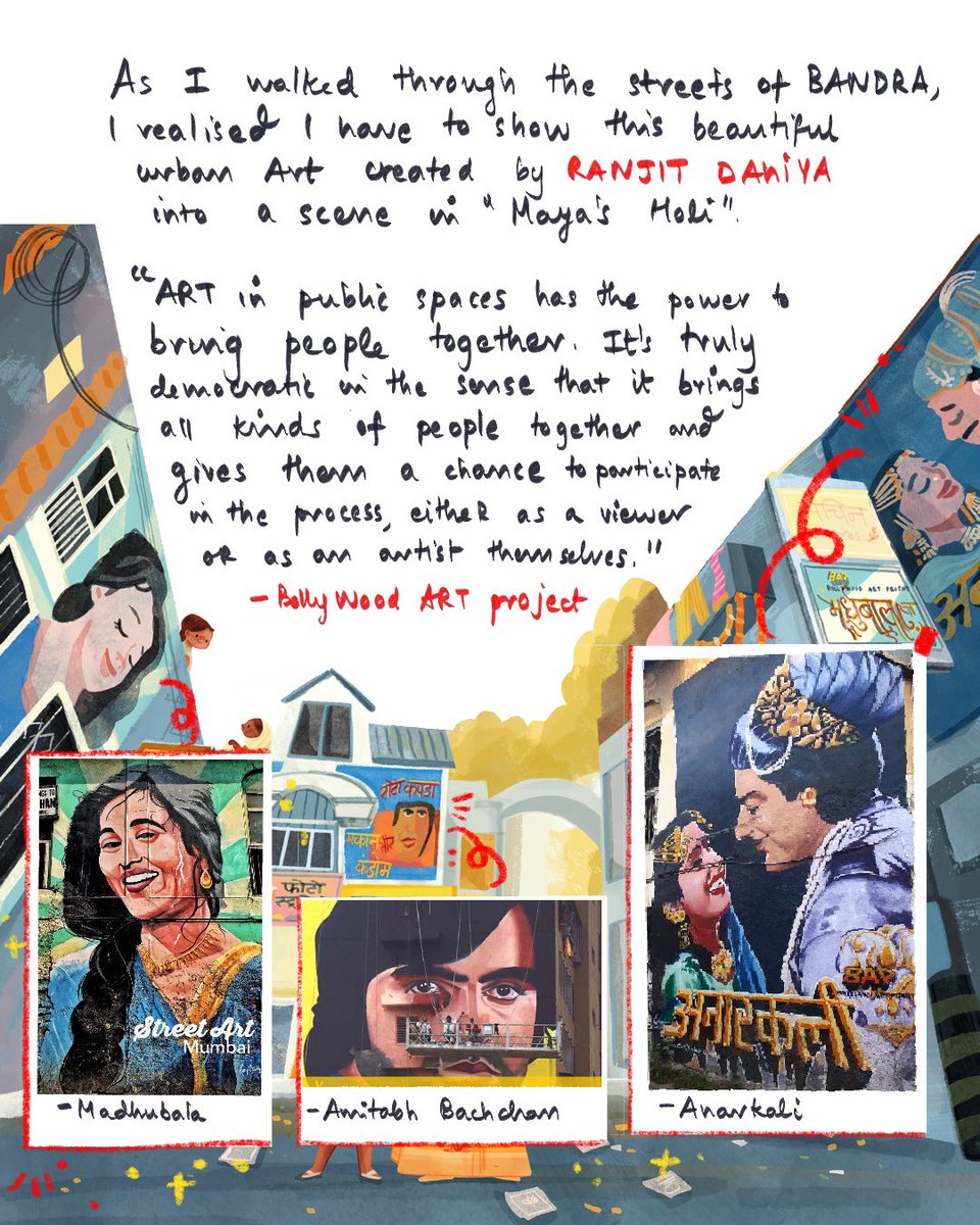 Part 5: An Ode to Bollywood 

A particular kind of audience will go to a gallery but on the street, a millionaire can also see the art and so can a beggar. There are no boundaries. – Ranjit Dahiya #publishing #kidlitart #kidlitpostcard #picturebookart #holi