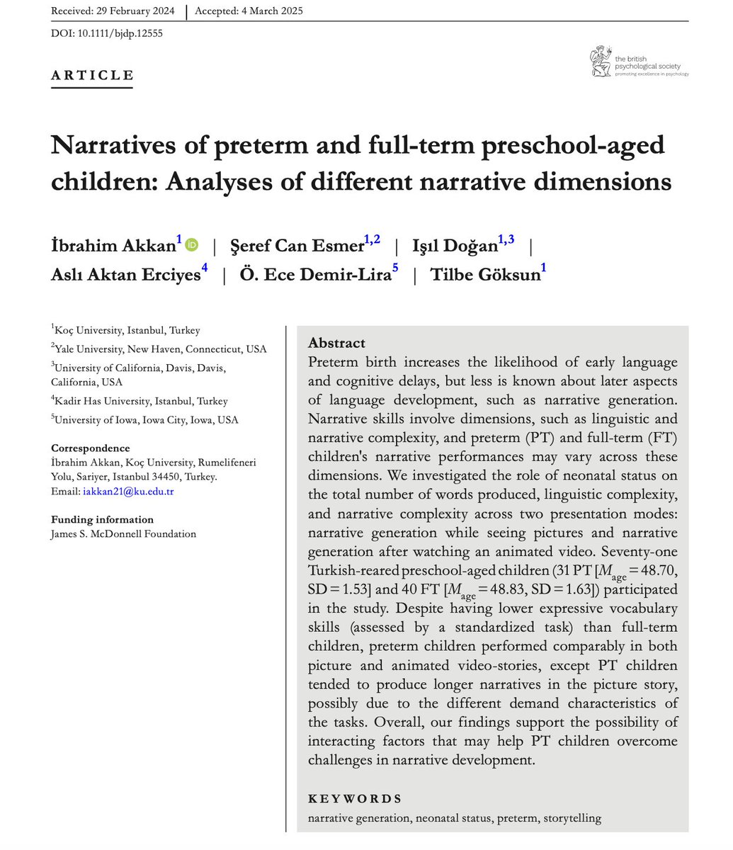 Tilbe Göksun (@goksuntilbe) on Twitter photo A recent paper from our lab led by my wonderful graduate student İbrahim! <a href="/ibrahimakkan_/">Kadırgalı İbo</a> <a href="/serefesmer/">Şeref Can Esmer</a> <a href="/Isildogan_/">Işıl Doğan</a> <a href="/oedemir/">Dr. Ece Demir-Lira</a> <a href="/AsliErciyes/">Asli Aktan-Erciyes</a>
Narratives of preterm and full‐term preschool‐aged children: Analyses of different narrative dimensions - Akkan
bpspsychub.onlinelibrary.wiley.com/doi/10.1111/bj… A recent paper from our lab led by my wonderful graduate student İbrahim! <a href="/ibrahimakkan_/">Kadırgalı İbo</a> <a href="/serefesmer/">Şeref Can Esmer</a> <a href="/Isildogan_/">Işıl Doğan</a> <a href="/oedemir/">Dr. Ece Demir-Lira</a> <a href="/AsliErciyes/">Asli Aktan-Erciyes</a>
Narratives of preterm and full‐term preschool‐aged children: Analyses of different narrative dimensions - Akkan
bpspsychub.onlinelibrary.wiley.com/doi/10.1111/bj…