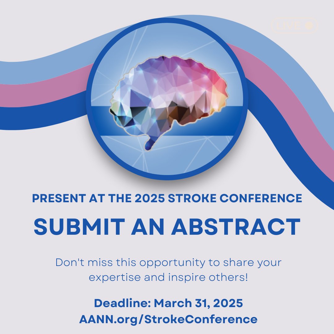 Calling all stroke experts! Share your groundbreaking research and innovative ideas at the AANN Stroke Conference.

Submit by March 31st at AANN.org/StrokeConferen… 

#AANNStroke #StrokeCare #CallForAbstracts #StrokeNurses #neuronurses #neuronerds