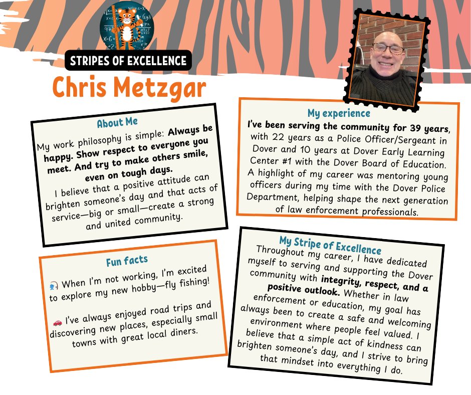Dover Public Schools (@publicdover) on Twitter photo Stripes of Excellence! ๐ฏ๐งก๐คThis week, we honor Christopher Metzgar for 39 years of service in law enforcement, the military, and education.
๐ Join us in thanking him for his dedication to Dover! <a href="/DoverTigerCubs/">Dover Early Learning Center</a> Stripes of Excellence! ๐ฏ๐งก๐คThis week, we honor Christopher Metzgar for 39 years of service in law enforcement, the military, and education.
๐ Join us in thanking him for his dedication to Dover! <a href="/DoverTigerCubs/">Dover Early Learning Center</a>