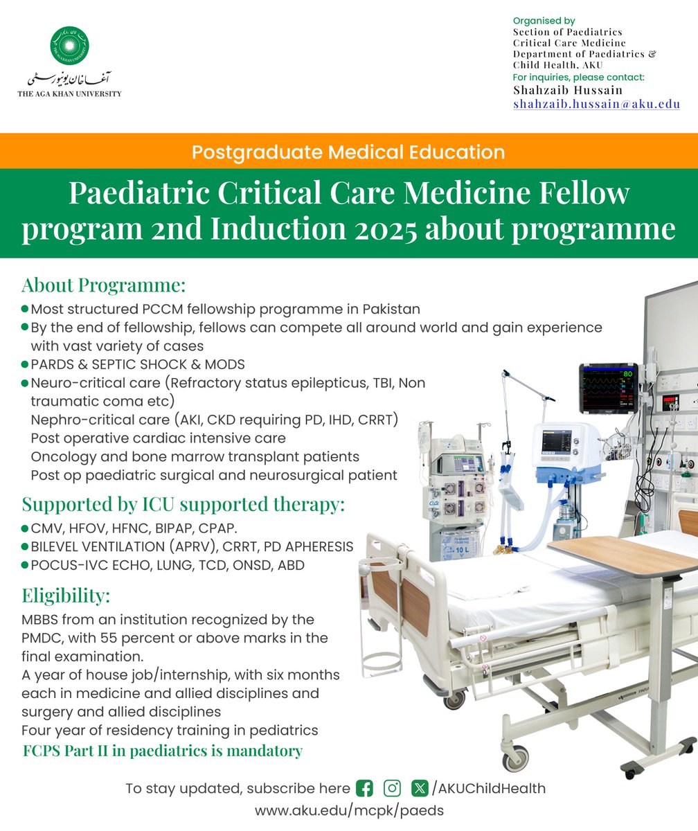 🚑 Paediatric Critical Care Fellowship 2025 – 2nd Induction NOW OPEN!

📍 Aga Khan University Hospital, Karachi
💡 The most structured PCCM program in Pakistan

🔬 Train in PARDS, septic shock, neuro-critical care, nephro-critical care, &amp; post-op cardiac intensive care
⚕️