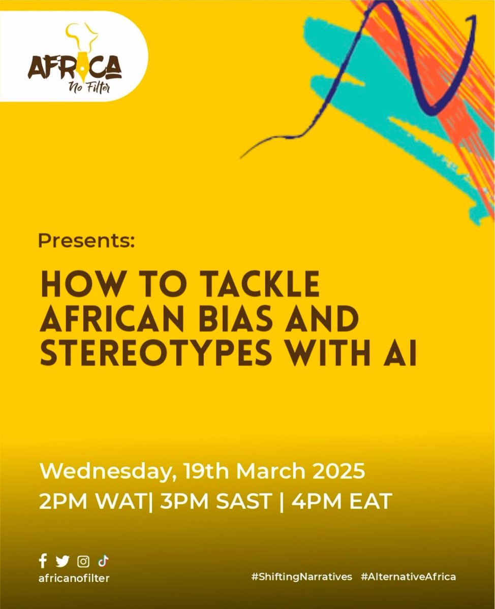 How can AI help tackle African bias in storytelling? Join the ‘Africa No Filter Presents: How to Tackle African Bias and Stereotypes with AI’ fireside chat let’s discuss.
📅 19th March 2025 
⏰ 2PM WAT| 3PM SAST | 4PM EAT 
🔗 us06web.zoom.us/webinar/regist… 
#AfricaBiasBusterDay