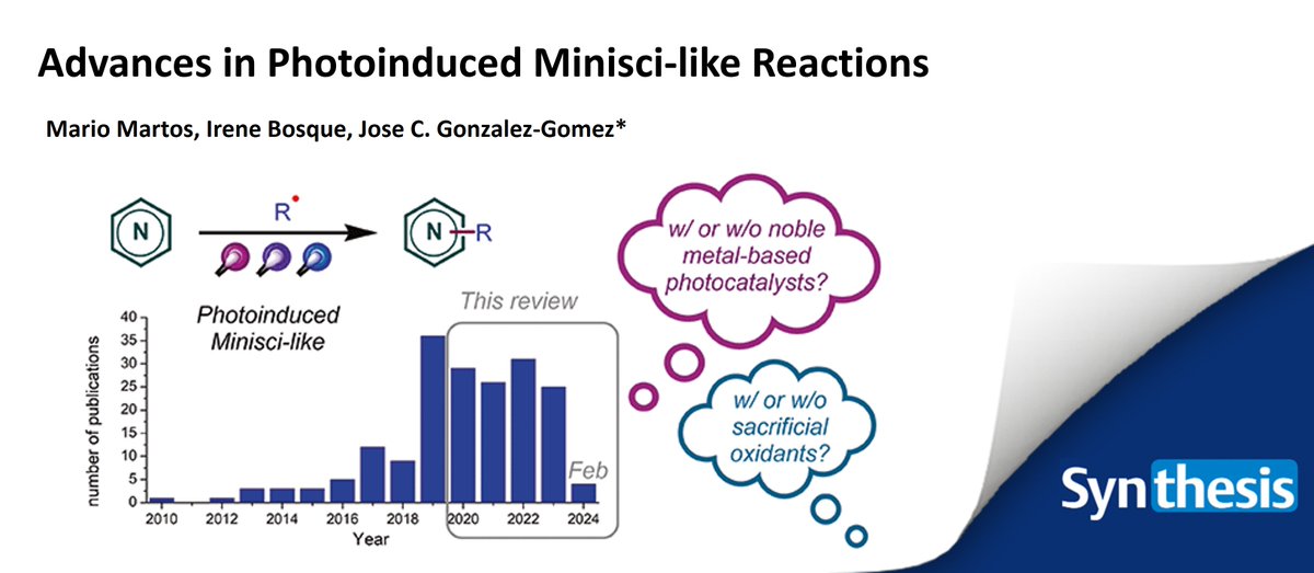 Dive into the fascinating world of photocatalytic #Minisci reactions💡Explore advances in this classic transformation, enabling milder, more sustainable alkylation of #heteroarenes in our review by Martos, <a href="/IreBosque/">Irene Bosque</a> and Gonzalez-Gomez
#photocatalysis

👉thieme-connect.de/products/ejour…