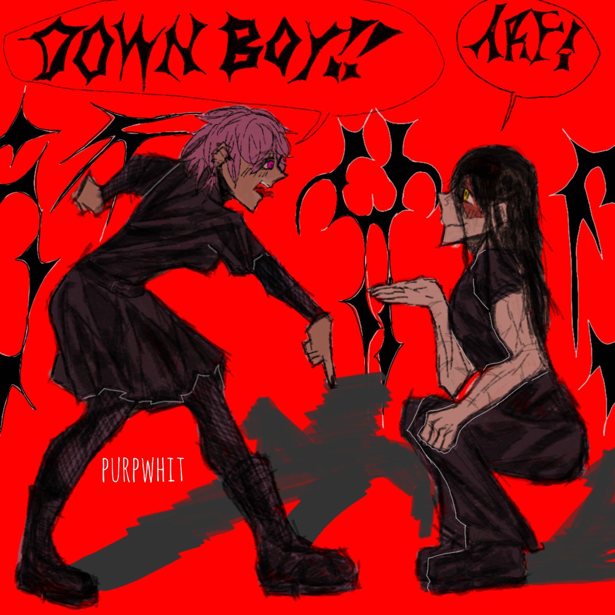 Down boy!! Arf! 
It's Humorist girl &amp; Hunter boy 
#artmoots #oc #sketch #illustration #digitalart #originalcharacter #edgy #selfinsert #artwork #rkgk