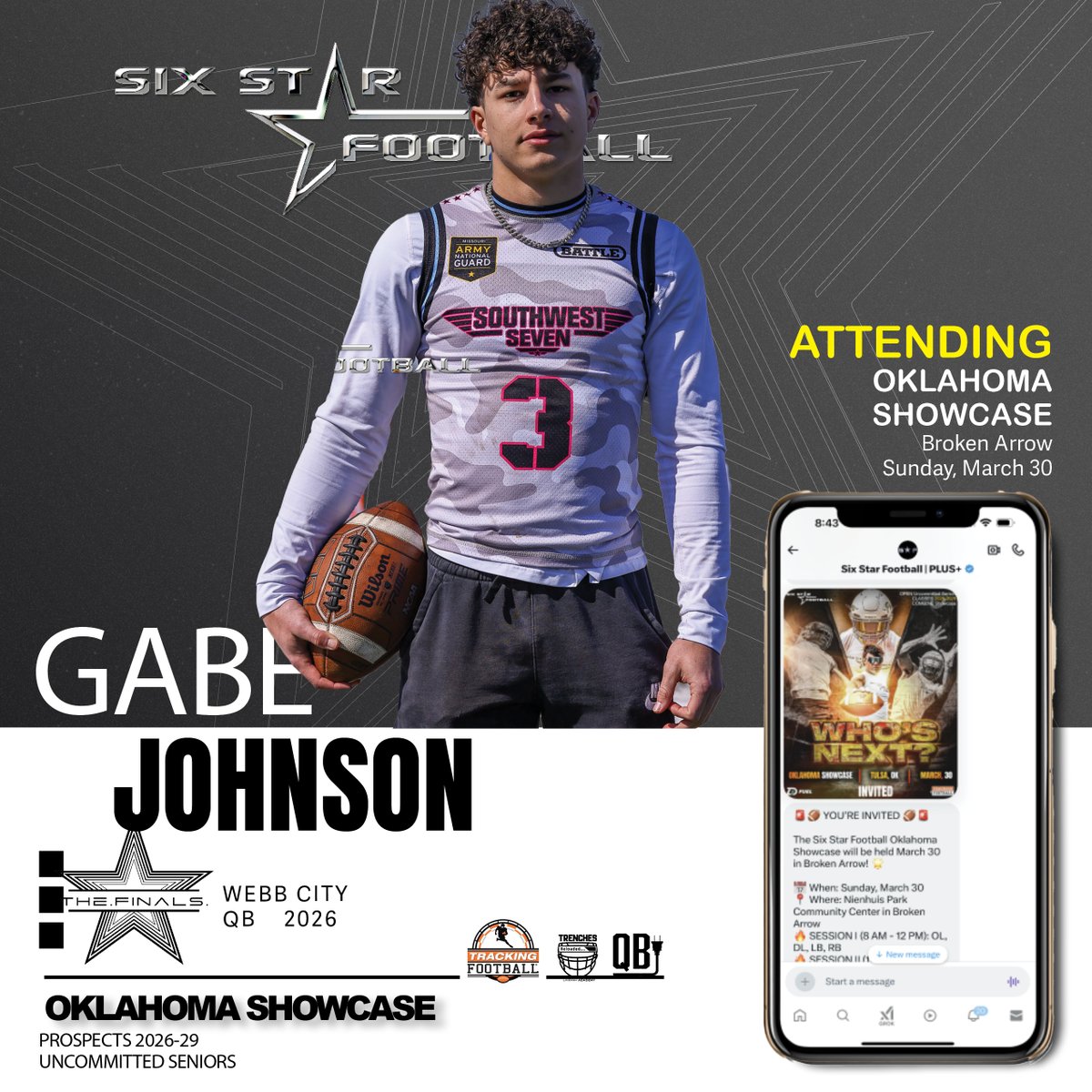 sixstarfootball's tweet photo. OKLAHOMA SHOWCASE  |  Gabe Johnson

5’10, 155   |  QB   |  2026  |  Webb City (MO)  |   @GabeJohnson07

⭐ Rising prospect Gabe Johnson will be attending the Oklahoma Showcase! 
⭐One of SWMO top prospects returning strong from season ending INJ

https://t.co/hXueMXgBRM