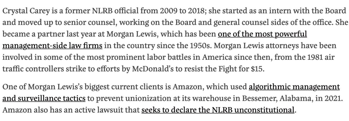 ddayen's tweet image. Got a little scoop here.
The next general counsel of the NLRB will be Crystal Carey, a virtually unknown lawyer at union-busting law firm Morgan Lewis, whose biggest recent client is  Amazon.
