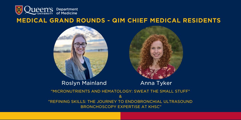 Queen's U Department of Medicine (@queensudom) on Twitter photo #MedicalGrandRounds with QIM Chief Residents, Roslyn Mainland & Anna Tyker. Topics: Micronutrients and Hematology: Sweat the Small Stuff/Refining Skills: The Journey to Endobronchial Ultrasound Bronchoscopy Expertise at KHSC. Thur, Mar. 20 7:45AM. ๐ปmegan.sands@queensu.ca to join #MedicalGrandRounds with QIM Chief Residents, Roslyn Mainland & Anna Tyker. Topics: Micronutrients and Hematology: Sweat the Small Stuff/Refining Skills: The Journey to Endobronchial Ultrasound Bronchoscopy Expertise at KHSC. Thur, Mar. 20 7:45AM. ๐ปmegan.sands@queensu.ca to join